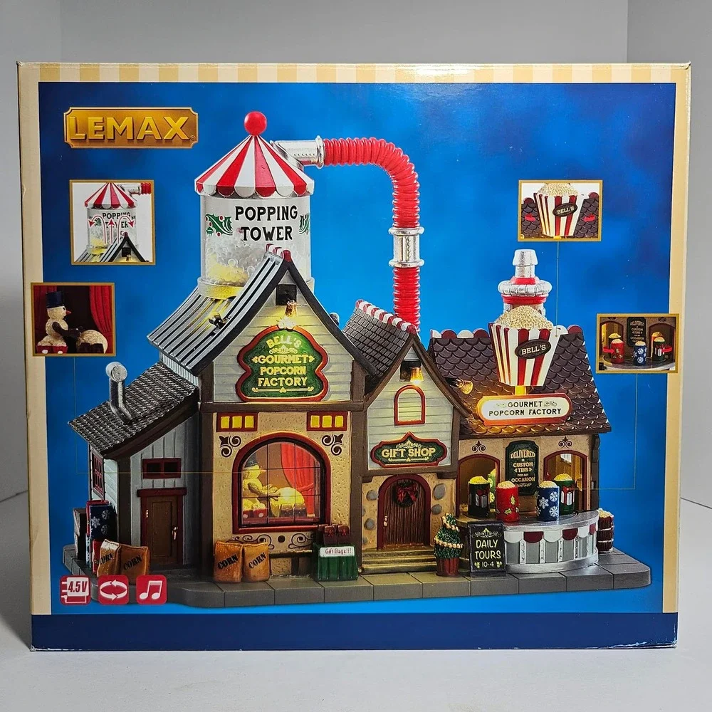 Lemax Sights & Sounds Bells Gourmet Popcorn Factory Animated Tested Works 35554